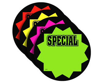 SPECIAL 5/" Round Fluorescent Burst Neon Retail Sale Signs Cards 25 Each Color
