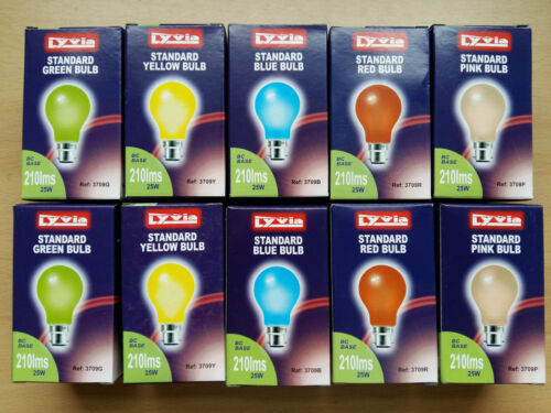 10 x 25w Coloured Incandescent BC Bayonet GLS Bulbs Green Yellow Blue Red Pink