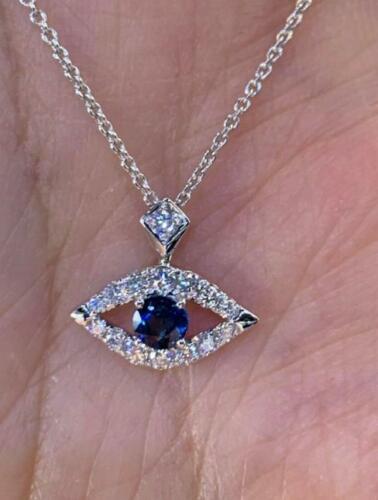 2 Ct Round Cut Blue Sapphire Diamond Evil Eye Shape Pendant 14k White Gold Over 