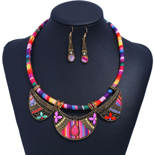 Women Boho Choker Statement Necklace Earring Set Tribal Ethnic Jewelry Gift