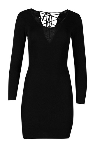 Womens Ladies Knit Deep V Plunge Neck Lace Tie Up Deep Back Bodycon Mini Dress