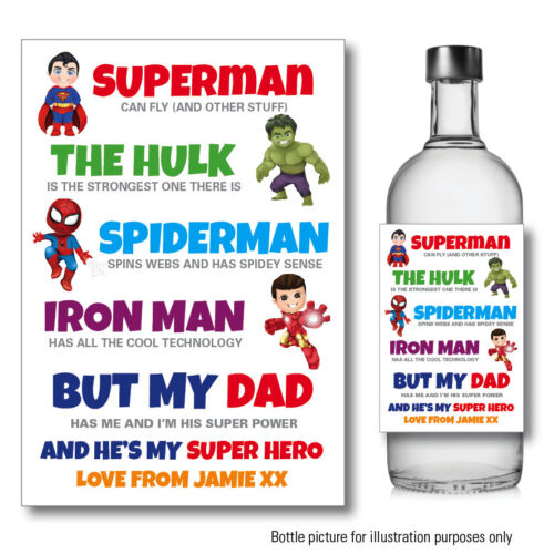 Personalised papa Fathers Day Super Hero Vodka Gin wine bottle label anniversaire 103 