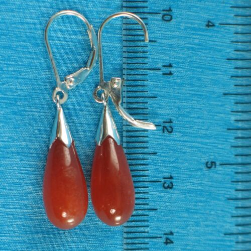 Solid Sterling Silver 925 Raindrop Red Jade Dangle Lever Back Earrings TPJ 