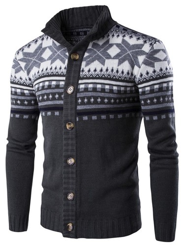 Men/'s Geometric Snowflake Pattern Christmas Full Sleeves Knitted Casual Cardigan