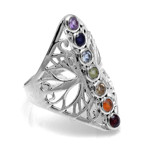 Healing Chakra Gemstone 925 Sterling Silver Long Finger Handmade Ring Jewelry