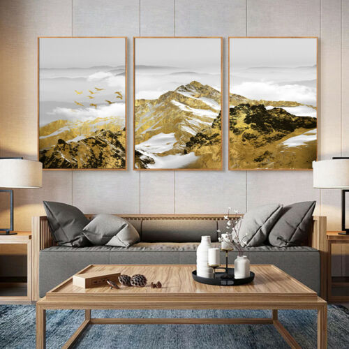 Abstract Landscape Wall Art Gold Snow Mountains Birds Home Decor Canvas Painting