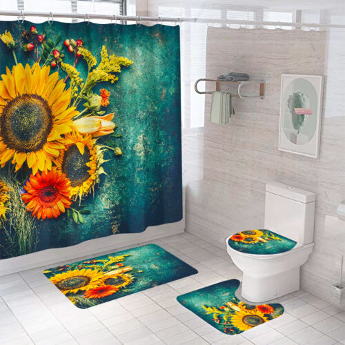Sunflower Shower Curtain Bath Mat Bathroom Rug Pedestal Lid Toilet Cover Set USA 