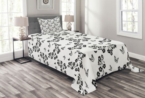Details about  / Butterfly Quilted Bedspread /& Pillow Shams Set Japanese Monochrome Print