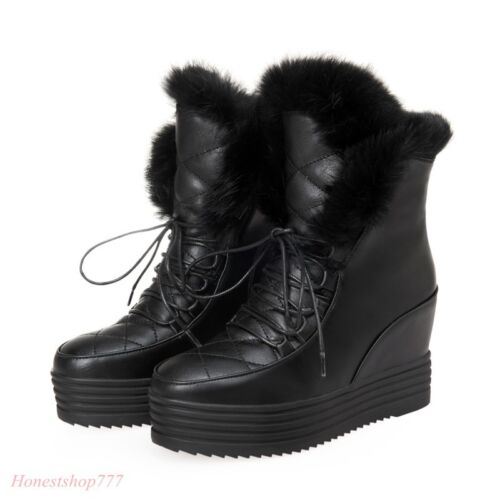 Hot Women Lace Up Fur Winter Platform Hidden Wedge Warm Snow Shoes Ankle Boots 