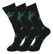 Pack of 3 Mens Weed Leaf Cotton Black Cannabis Ganja Marijuana Socks Size 6-11