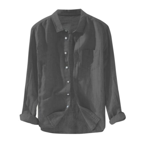 Hombres Liso Algodón Lino Mezcla Camisa Mangas Largas Blusa Informal Botón de bolsillo en el pecho