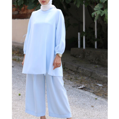 Details about  / Dubai Muslim Women Clothes Sets Long Sleeve Tops Blouse Pants Arab Solor Color
