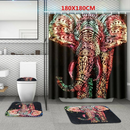 4Pc Set Bathroom Non-Slip Rug Toilet Lid Seat Cover Bath Mat Shower Curtain I