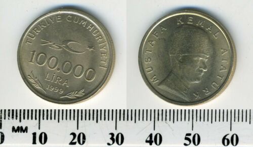 Turkey 1999-100000 Lira Copper-Nickel-Zinc Coin 75th Anniversary of Republic 