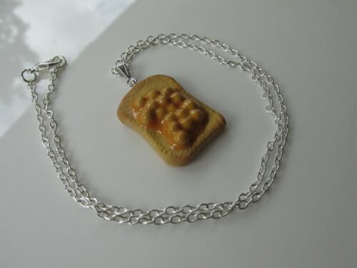 Handmade Unusual Fun Novelty Fimo Baked Beans on Toast Pendant Chain Necklace 