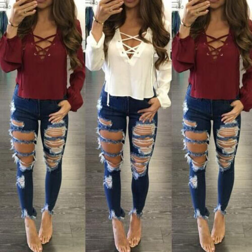 Womens Destroyed Ripped Distressed High Waist Slim Denim Pants Jeans Trousers