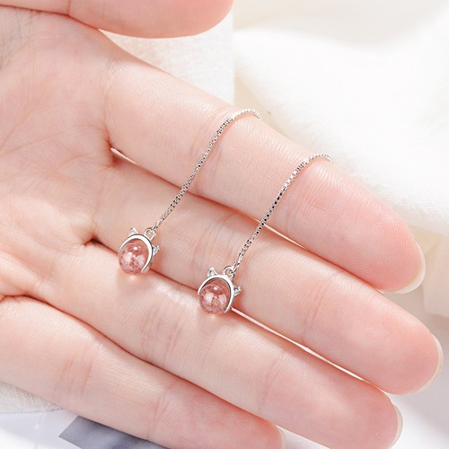 Ladies 925 Sterling Silver Pink Quartz Cat Tassel Chain Dangle Drop Earrings