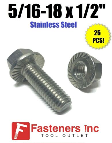 Qty 25 5//16/"-18 x 1//2/" Stainless Steel Hex Cap Serrated Flange Bolt WITH NUTS