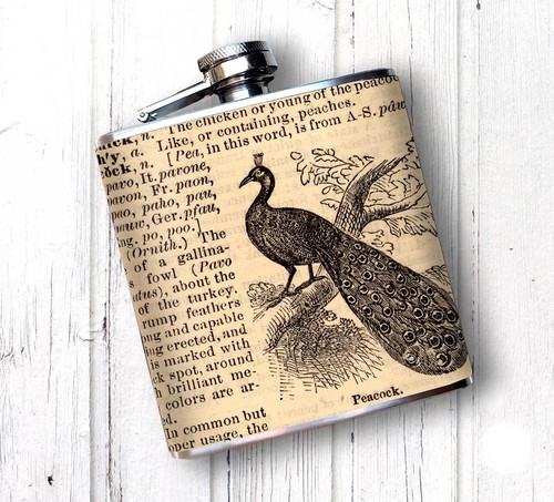 Oso and Bean Peacock Hip Flask Vintage Dictionary Graphic Designer Art Whiskey