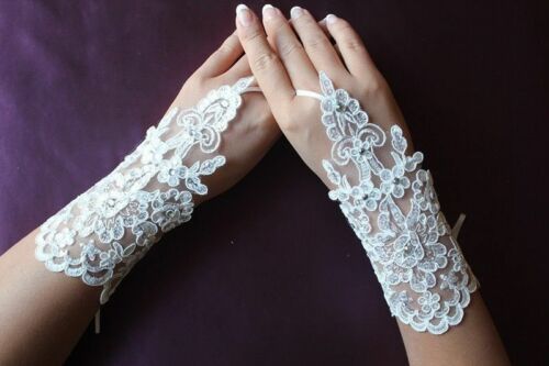 Short Lace Beaded Wedding Gloves Bridal Fingerless Gloves Accessory Party Ivory 