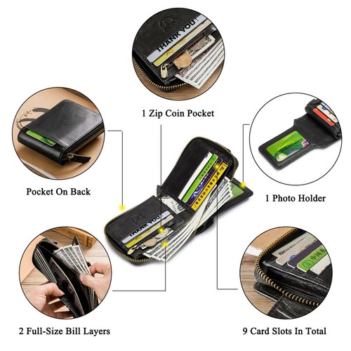 BULLCAPTAIN Genuine Leather Billfold Wallet RFID Blocking Vintage Men Women CHIC