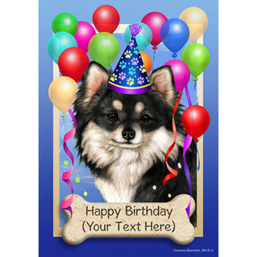 Chihuahua Black & White Longhair Happy Birthday Flag 