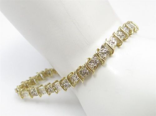 Yellow Gold plated ~1/2C DTW Round Cluster Link Tennis Bracelet 7 1/4" 