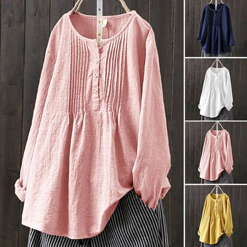 Baggy Tops Bluse Tunika Rundhals Lange Ärmel Freizeit Boho Retro Frauen