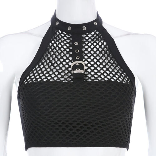 Women Gothic Fish Net Camisole Crop Top Tank Vest Halter Strap Punk Clubwear 
