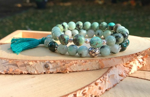 Lotus Quaste Armband Set Jade Achat Jaspis Türkis 8mm Silber Mala Armband