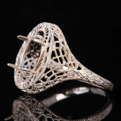 10x8mm Oval Solid 10K White Gold Antique Vintage Art Semi Mount Setting Ring
