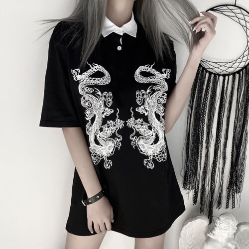 Women Gothic Dragon Printed Pointed Collar T-shirt Loose Plus Size Clubwear Tops