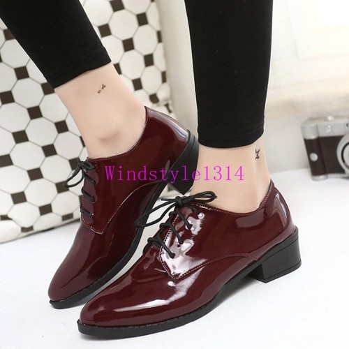 Details about / Stylish Women/'s Pumps Patent Leather Shoes Lace Up Pointy Toe Cuban Heels Shoes