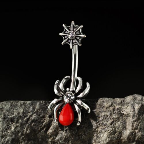 RED SPIDER & WEB BELLY BUTTON RING NAVEL PIERCING BODY JEWELRY 14G 3/8" 