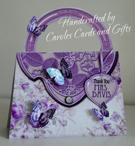 FREE p/&p Handmade Personalised Handbag Birthday//Age//Female Card PURPLE ROSES
