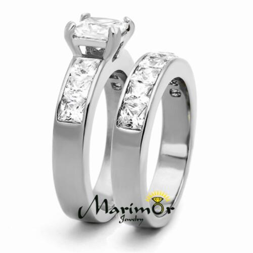 Her /& His 3pc Stainless Steel Princess Wedding Engagement Ring /& Men/'s Band Set