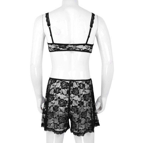 Mens Lace Sissy Lingerie Set Bra Top SISSY POUCH PANTIES Bikini Briefs Underwear