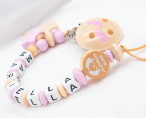 Babyfuß ♥ Baby rosa Holz Schnullerkette mit Namen ♥ Mädchen ♥ kleine Schwester
