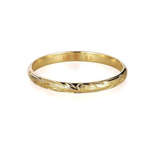SOLID 14K YELLOW GOLD HAND ENGRAVED HAWAIIAN PRINCESS SCROLL BAND RING 2MM