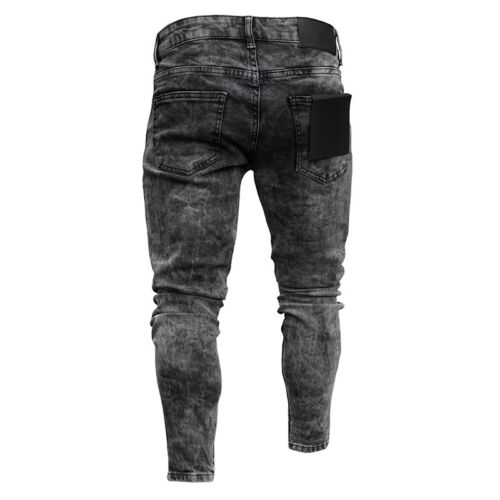 Men Skinny Stretchy Denim Jeans Distressed Ripped Frayed Pants Slim Fit Trousers