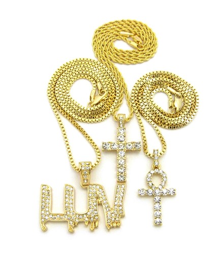 Luv Pendant 20/",24/" Various Chain 3 Necklace set Hip Hop Iced Out Ankh Cross