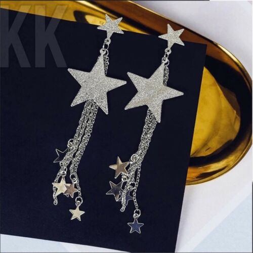 Crystal Diamante Big Star Rhinestone Sparkling Silver Gold Long Drop Earrings UK