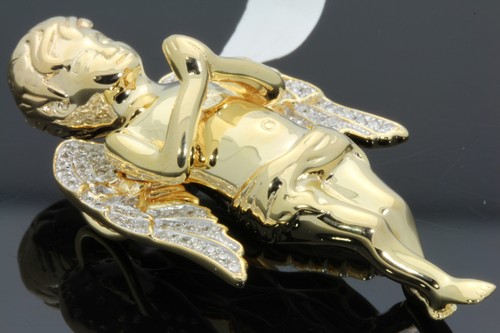 .49 CARAT 2 INCH STERLING SILVER YELLOW GOLD PLATED DIAMOND ANGEL CHERUB PENDANT