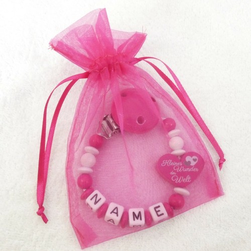 Herz Schnullerkette mit Namen kleines Wunder weiß Baby Mädchen pink