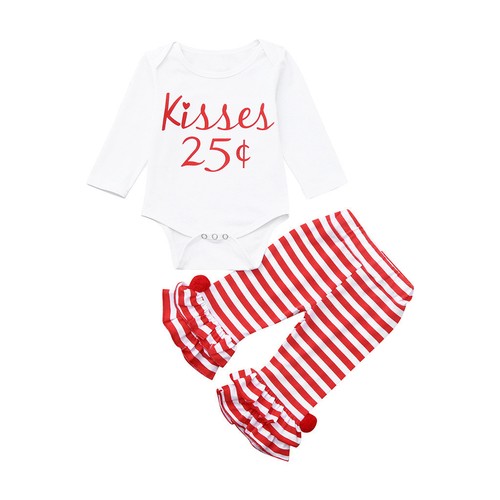 Newborn Baby Girl Letter Romper Tops+Striped Ruffles Pants Casual Kid Outfit Set