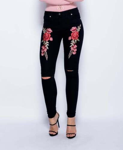 Parisian Women's Floral Embroidered Skinny Ripped Button Fly Jeans Trousers 