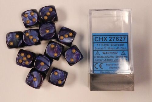 Chessex 16mm Dice Set of 12 d6s Scarab Royal Blue w/ Gold CHX 27627 * 