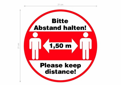 Aufkleber bitte Abstand halten 1,5 Meter rund 21 cm Corona 2 Stück