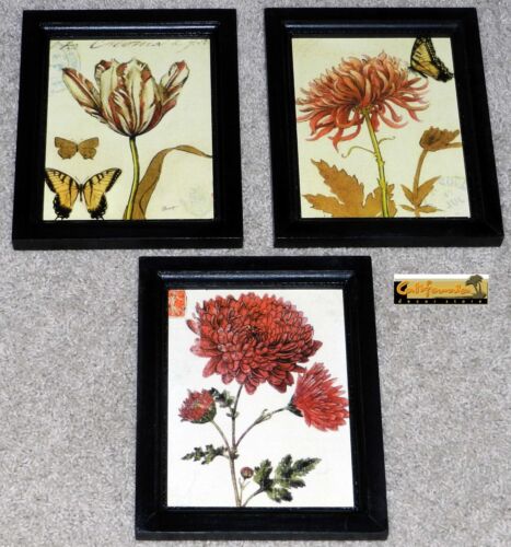 Post Mark Country French Butterfly SET OF 3 FLORAL PICTURES Flower Tuscan 
