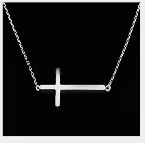 Sideways Cross 16" or 18" Necklace Silver Gold Stainless Steel Pendant Gift PE11 